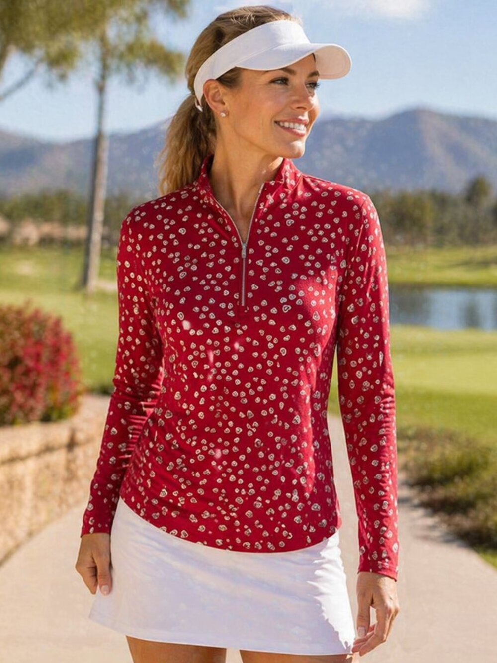 San Soleil 1/4 Zip Pullover Red Heart Print UPF50 Golf Tennis Size M Activewear